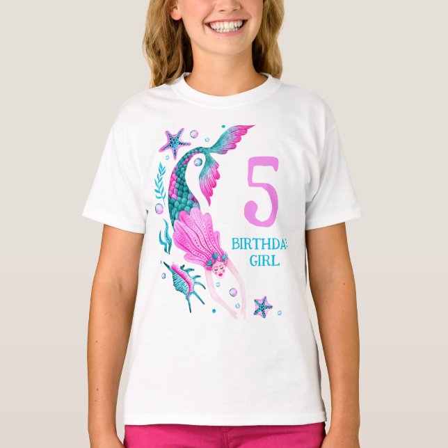 T-shirt Aquarelle Sirène Fille d'anniversaire sous la mer (Devant)