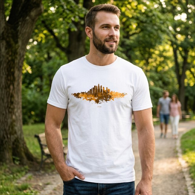 T-shirt Aquarelle Skyline de Chicago en orange (Chicago Skyline Watercolor Orange Cityscape Art. Men Basic White T-Shirt)