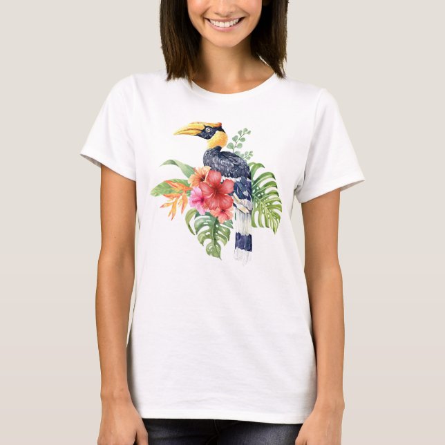 T-shirt Aquarelle tropicale Great Hornbill & Fleurs (Devant)