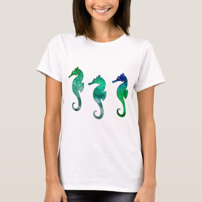 T-shirt Aquarelle Vert foncé Hippocampes (Devant)