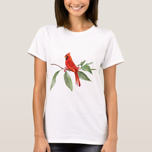 T-shirt Aquarelle Vert Rouge Cardinal Oiseau (Devant)