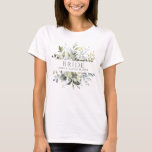 T-shirt Aquarelle verte Botanique Monogramme Nom de la mar<br><div class="desc">Un design moderne et magnifique pour la mariée,  avec une belle aquarelle botanique dans les tons bleu,  olive et vert printemps. Le cadre botanique entoure le titre "BRIDE" au milieu,  avec le nom de la mariée et la date du mariage ci-dessous. Copyright Invitations élégants,  tous droits réservés.</div>