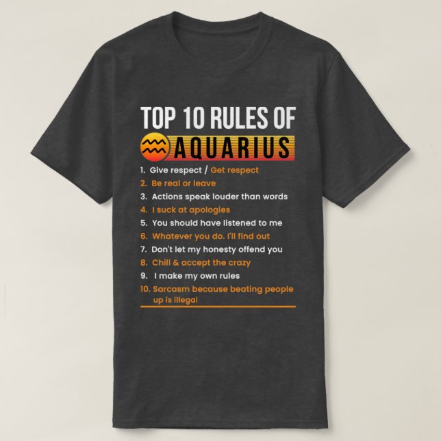 T-shirt Aquarius 10 Règles Traits Faits Horoscope Zodiac S (Design devant)