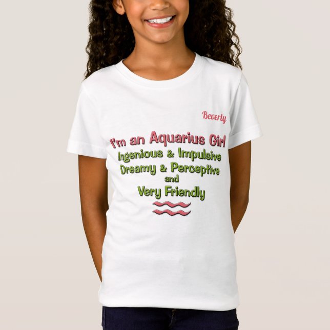 T-Shirt Aquarius Zodiac de fille rose et vert avec nom (Devant)