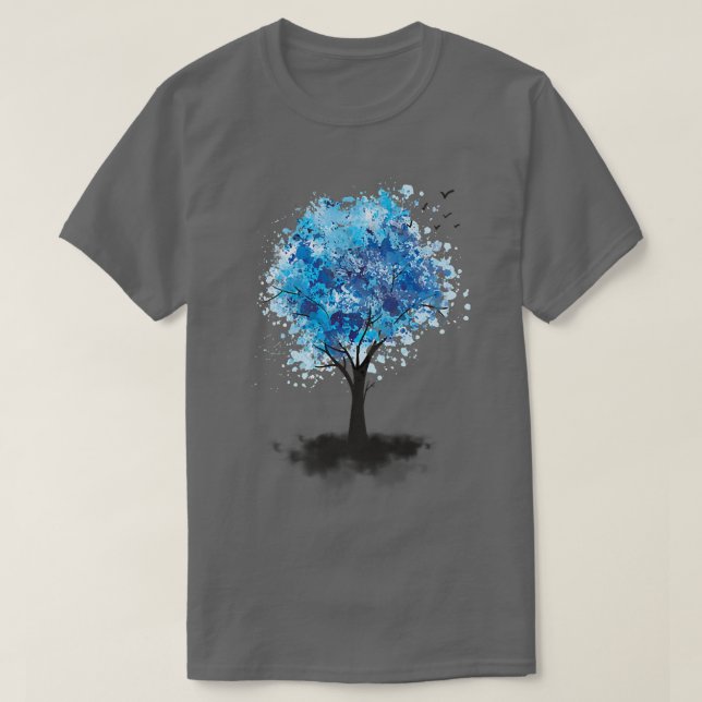 T-shirt Arbre Bleu Et Oiseaux En Automne (Design devant)