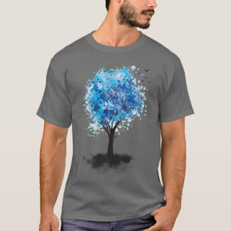T-shirt Arbre Bleu Et Oiseaux En Automne