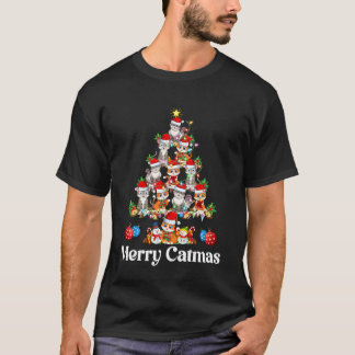 T-shirt Arbre de Noël Chat Lumières Drôle Amateur de Chat 