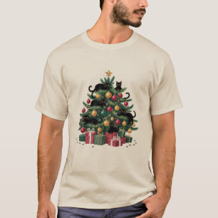 T-shirt Arbre de Noël Chats Noirs Amoureux de Chats Lumièr