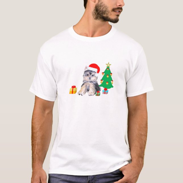 T-shirt Arbre de Noël, Chien chiot du Yorkshire & cadeaux (Devant)