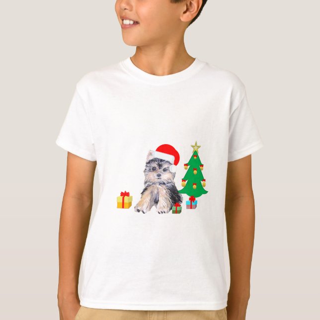 T-shirt Arbre de Noël, Chien chiot du Yorkshire & cadeaux (Devant)