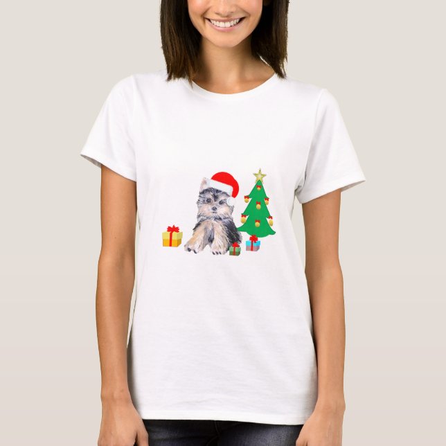T-shirt Arbre de Noël, Chien chiot du Yorkshire & cadeaux (Devant)