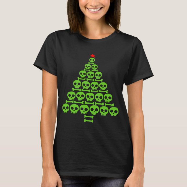 T-shirt Arbre de Noël crâne vert et os (Devant)