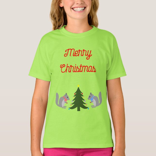 T-shirt Arbre de Noël décorant écureuils sur mesure (Devant)