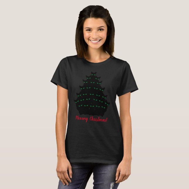 T-shirt Arbre de Noël des chats noirs à oreilles vertes (Devant entier)
