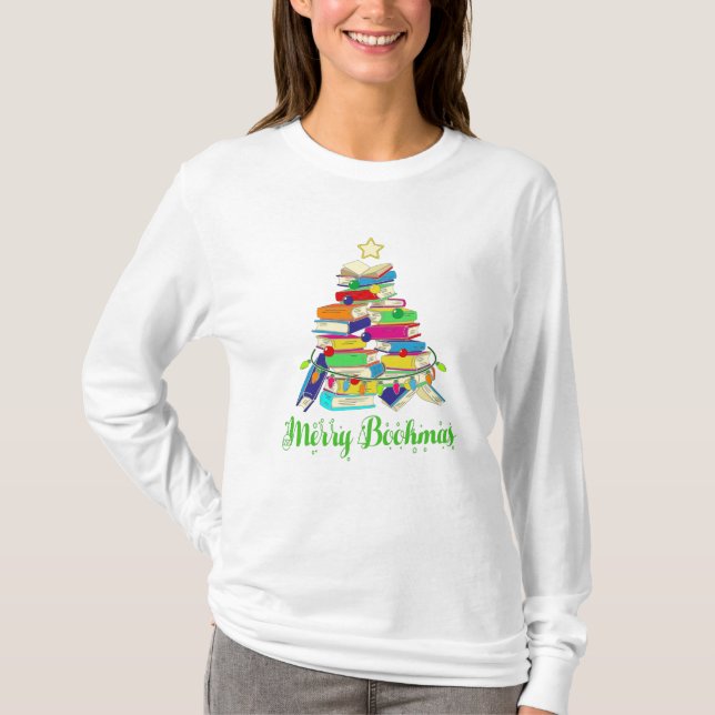 T-shirt Arbre de Noël du livre, Noël de l'amant du livre (Devant)