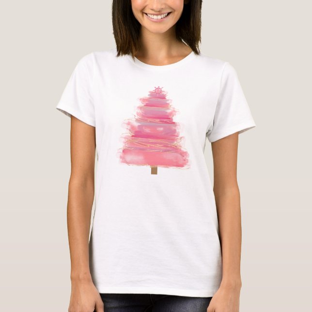 T-shirt Arbre de Noël en Aquarelle rose (Devant)