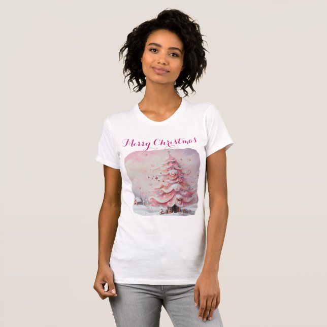 T-shirt Arbre de Noël impressionniste Whimsical rose (Devant entier)