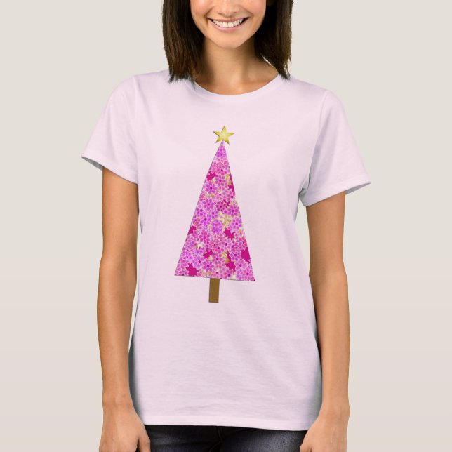T-shirt Arbre de Noël moderne à fleurs magenta (Devant)