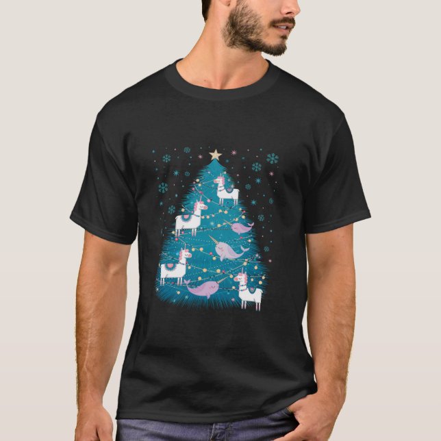 T-shirt Arbre de Noël Narwhals Llamas Filles de vacances (Devant)