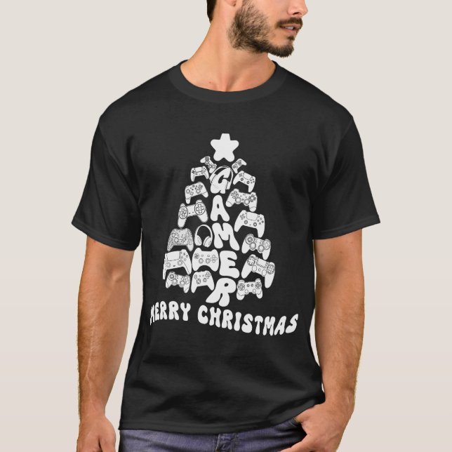 T-shirt Arbre de Noël noir et blanc avec contrôleurs (Devant)
