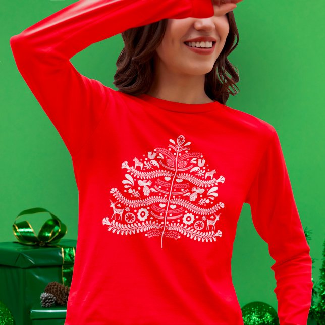 T-shirt Arbre de Noël nordique Art populaire scandinave bl (Créateur téléchargé)