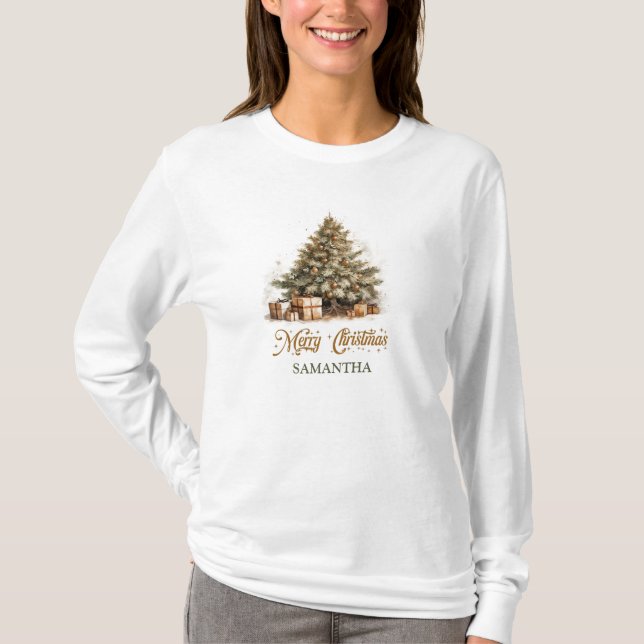 T-shirt Arbre de Noël pastel traditionnel vert et ivoire (Devant)