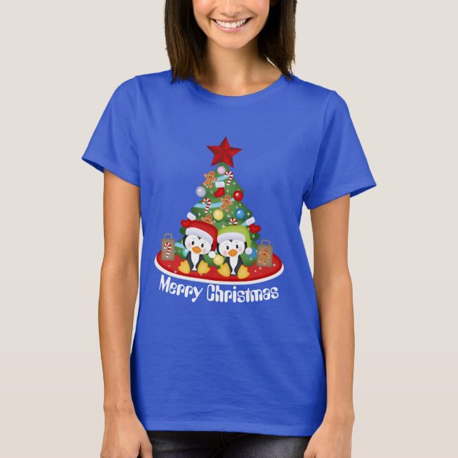 T-shirt Arbre de Noël Pingouins de vacances ajouter le mes (Devant)