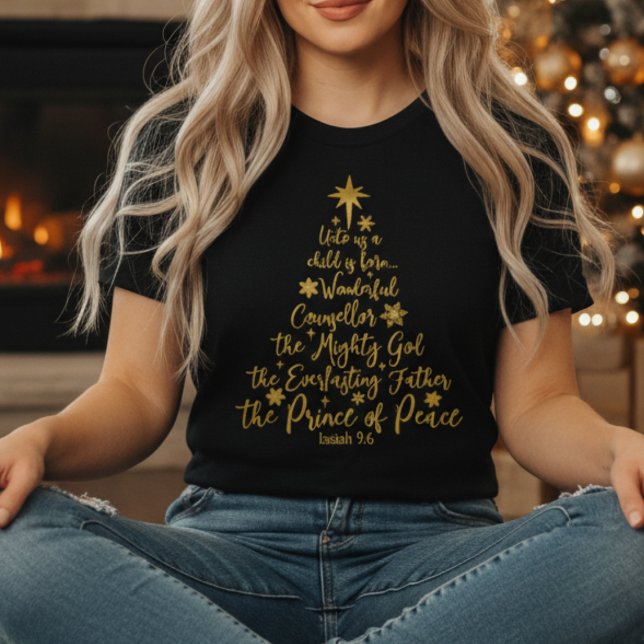 T-shirt Arbre de Noël "Pour nous un enfant est né" (Golden “Unto Us A Child Is Born” shirt — faith, scripture & Christmas joy in one design!)