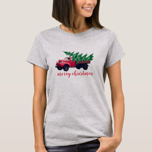 T-shirt Arbre de Noël rétro sur Chemise de Camion Rouge Fe