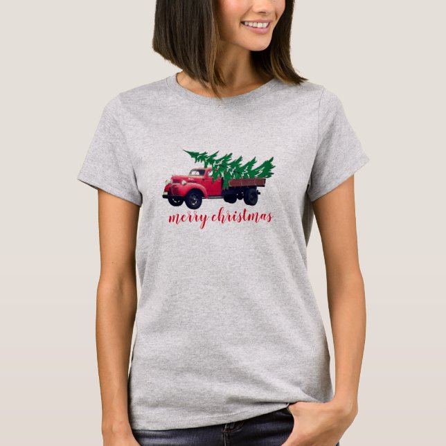 T-shirt Arbre de Noël rétro sur Chemise de Camion Rouge Fe (Devant)