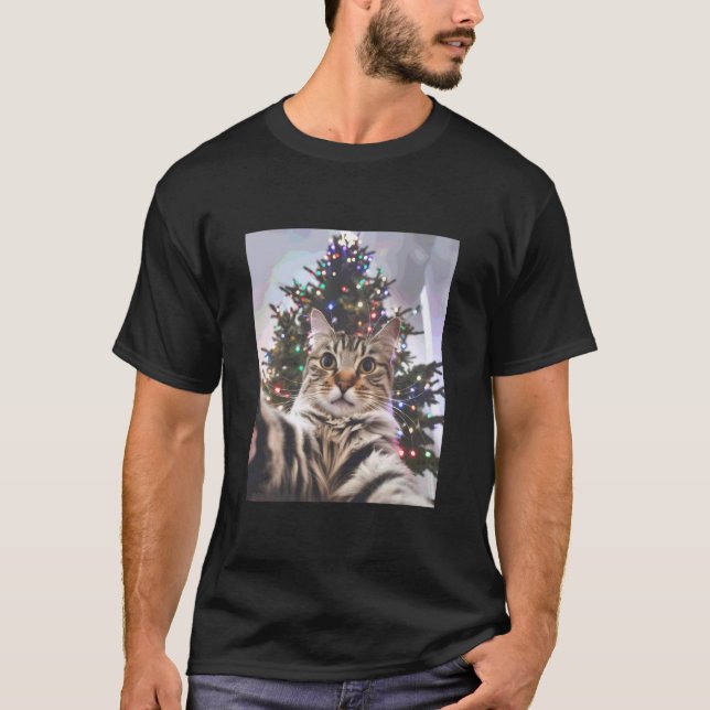T-shirt Arbre de Noël selfie de chat (Devant)
