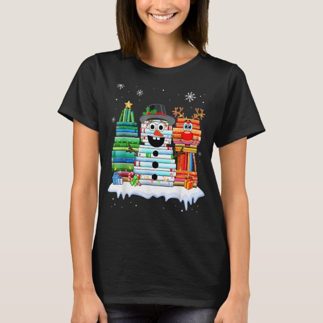 T-shirt Arbre de Noël Snowman Reindeer Livre Stack Librair (Devant)