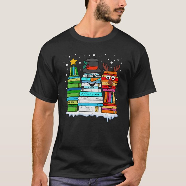 T-shirt Arbre de Noël Snowman Reindeer Livre Stack Librair (Devant)