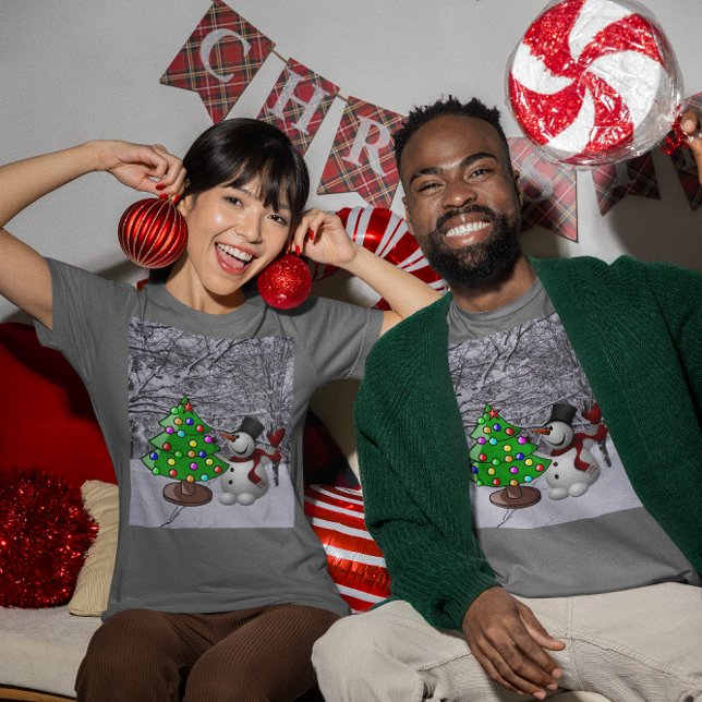 T-shirt Arbre de Noël, Snowman, Scène De Neige Unisex Dark (Christmas Tree, Snowman, Snow Scene Unisex Dark T-Shirt)