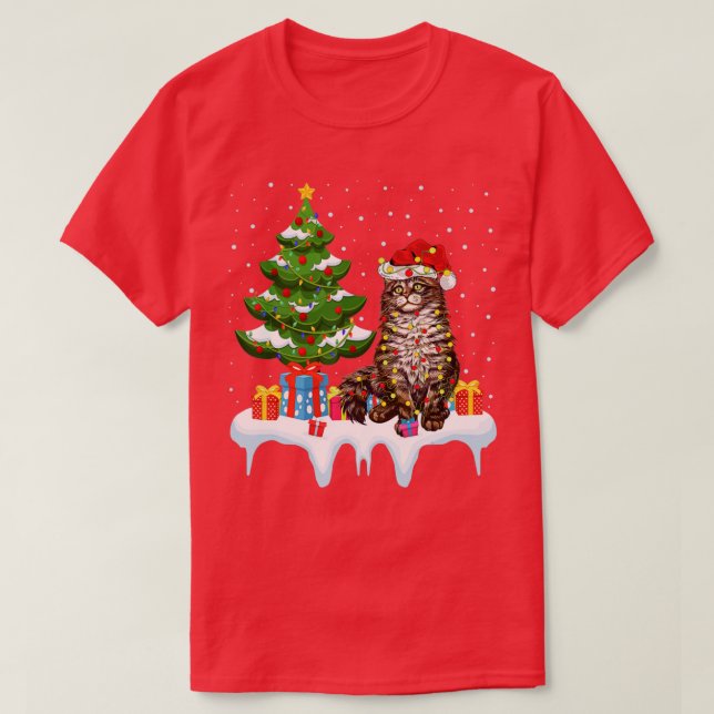 T-shirt Arbre d'éclairage de Noël Chapeau Maine Coon Chat  (Design devant)