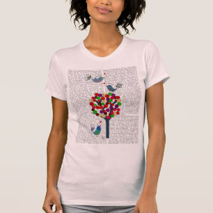 T-shirt Arbre et oiseaux de bouton bleus