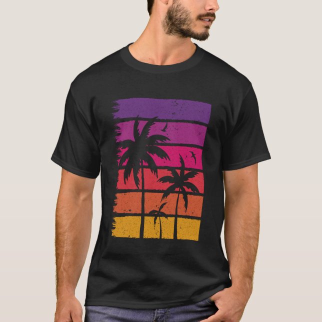 T-shirt Arbre Palmier Coucher de Soleil Rétro  1 (Devant)
