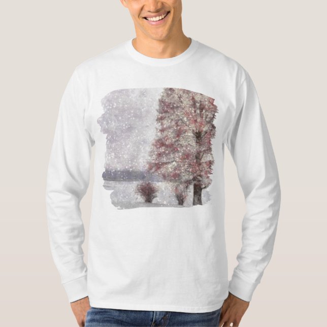 T-shirt Arbre près du lac Peu de Feuilles rouges et neige (Devant)