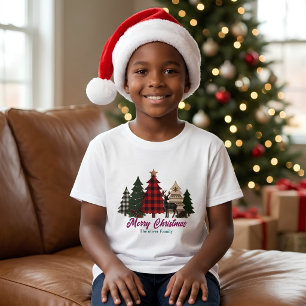 T-shirt Arbres de Noël à carreaux rustiques Famille Renne