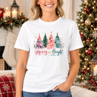 T-shirt Arbres de Noël aquarelles colorés Merry & Bright