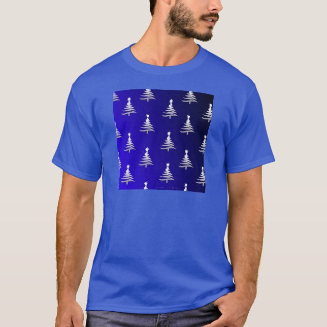 T-shirt Arbres de Noël Argent sur Bleu Cobalt (Devant)