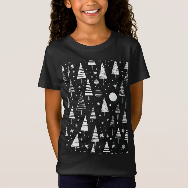 T-Shirt Arbres de Noël En Art Noir & Blanc (Devant)