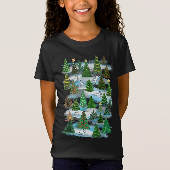 T-shirt arbres de Noël et lièvres à neige (Devant)