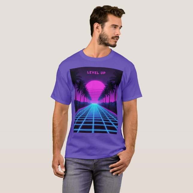 T-shirt Arbres Palmiers Néoons Synthwave Rétro (Devant entier)