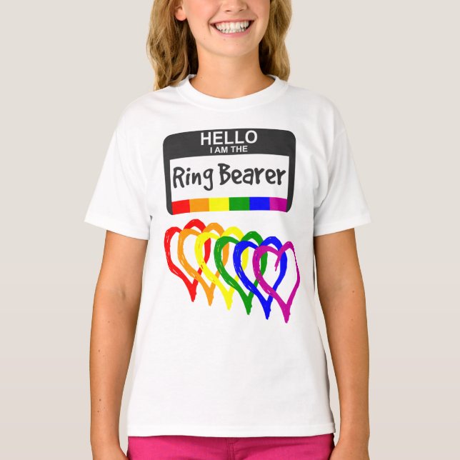 T-shirt Arc-en-ciel Coeurs anneau Porteur Nom Mariage insi (Devant)