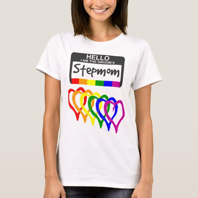 T-shirt Arc-en-ciel Coeurs de groom Stepmaman Nom Badge (Devant)