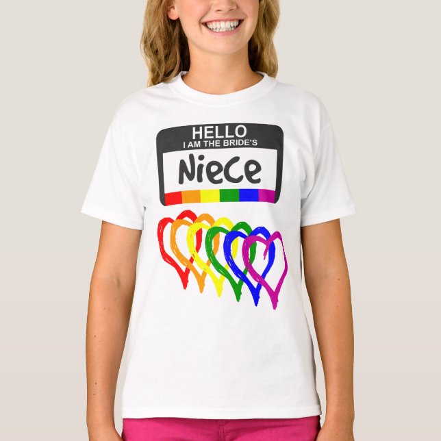 T-shirt Arc-en-ciel Coeurs Mariée Nièce Nom Badge (Devant)