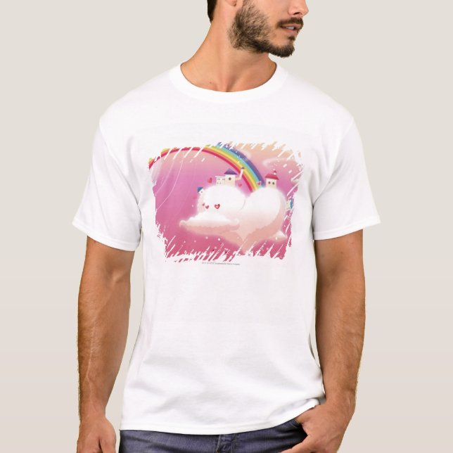 T-shirt Arc-en-ciel et bâtiments sur des nuages (Devant)
