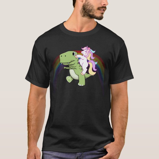 T-shirt Arc-en-ciel mignon du bébé T Rex d'équitation de (Devant)