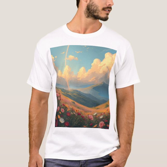 T-shirt Arc-en-ciel sur champ de fleurs (Devant)
